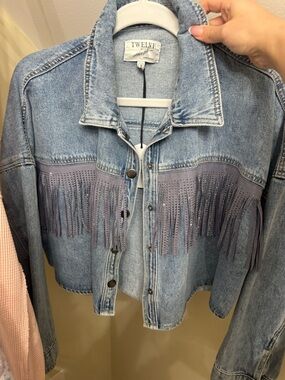 Twelve Jeans Cropped Fringe Denim Jacket - Light Blue with Gray Fringe